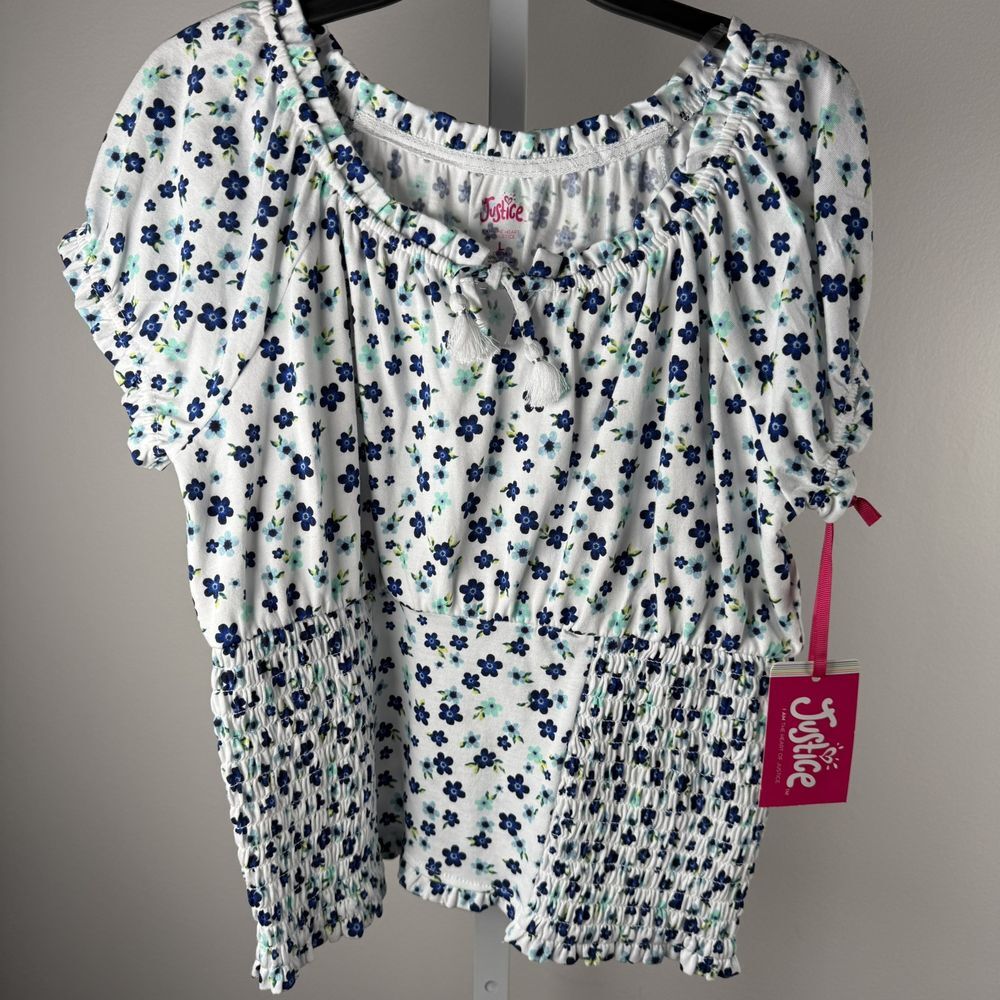 Justice Girl's L 12/14 Peasant Puff Sleeve Top Blue Flowers Smocking Shirt Top.